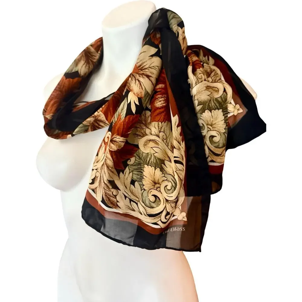 Vintage Bill Blass 80s Silk Autumn Leaf Print Scarf Black Rust 13x56